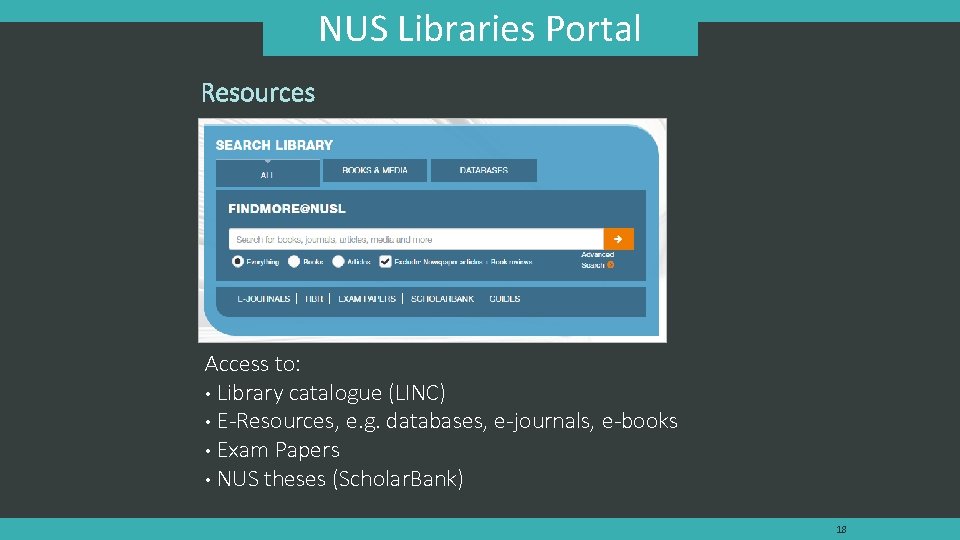 NUS Libraries Portal Resources Access to: • Library catalogue (LINC) • E-Resources, e. g.