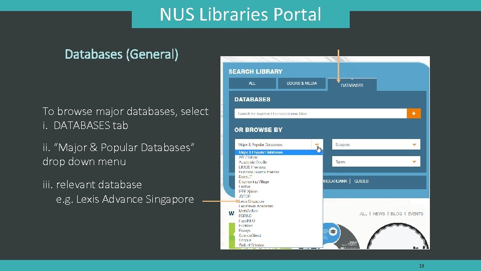 NUS Libraries Portal Databases (General) To browse major databases, select i. DATABASES tab ii.