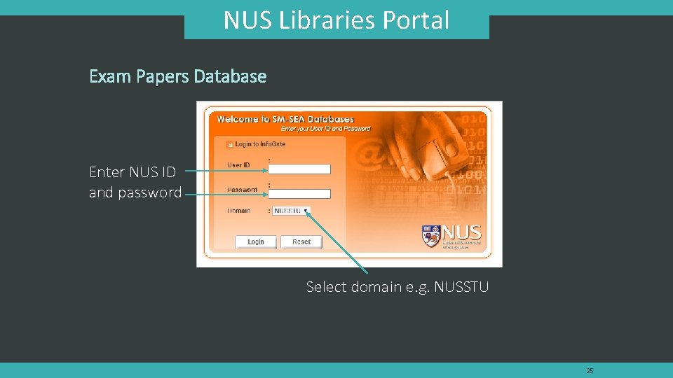 NUS Libraries Portal Exam Papers Database Enter NUS ID and password Select domain e.