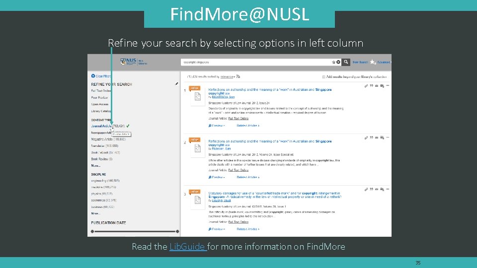Find. More@NUSL Refine your search by selecting options in left column Read the Lib.