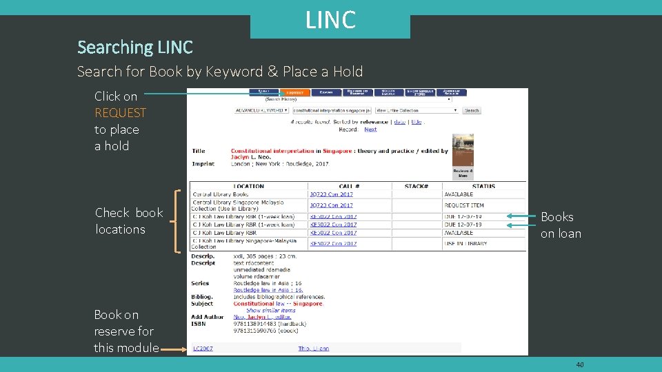 Searching LINC Search for Book by Keyword & Place a Hold Click on REQUEST