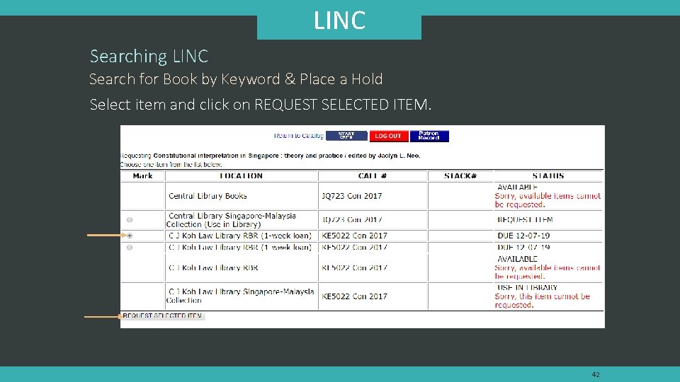 LINC Searching LINC Search for Book by Keyword & Place a Hold Select item