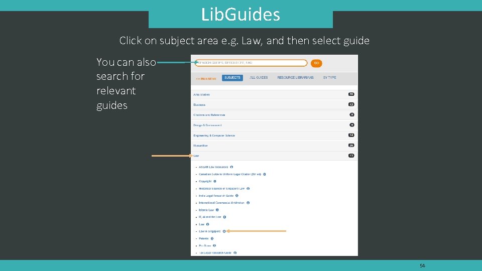 Lib. Guides Click on subject area e. g. Law, and then select guide You