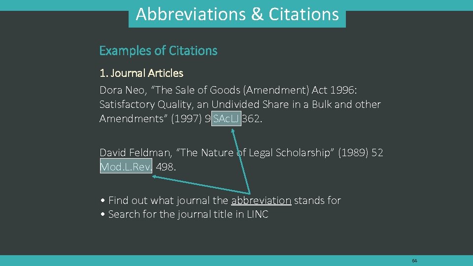 Abbreviations & Citations Examples of Citations 1. Journal Articles Dora Neo, “The Sale of