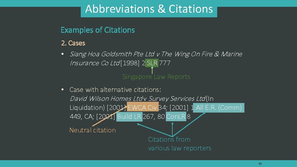 Abbreviations & Citations Examples of Citations 2. Cases • Siang Hoa Goldsmith Pte Ltd