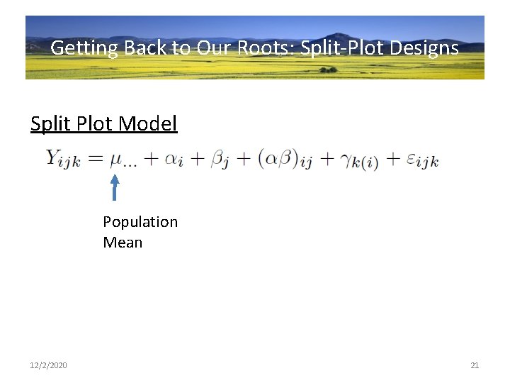 Getting Back to Our Roots: Split-Plot Designs Split Plot Model Population Mean 12/2/2020 21
