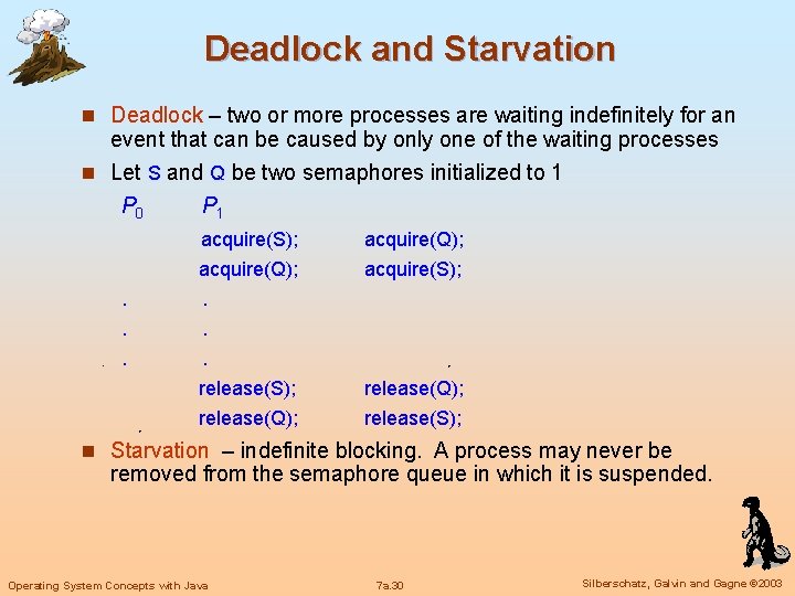 Deadlock and Starvation n Deadlock – two or more processes are waiting indefinitely for