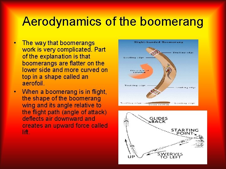 Aerodynamics of the boomerang • The way that boomerangs work is very complicated. Part