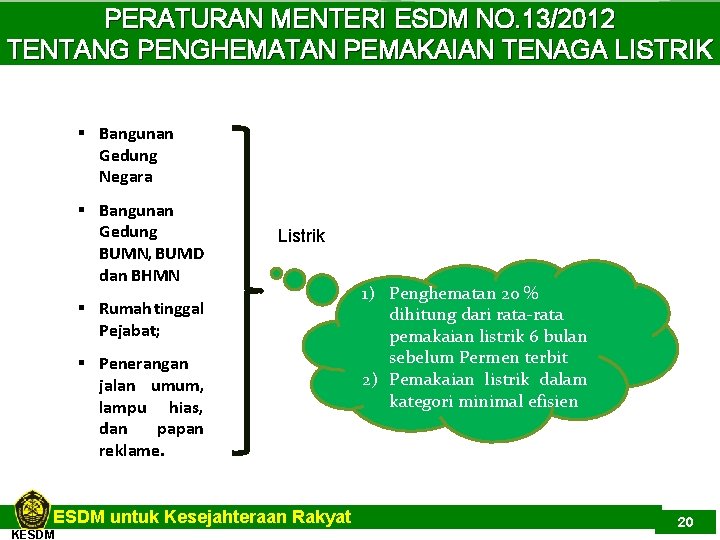 PERATURAN MENTERI ESDM NO. 13/2012 TENTANG PENGHEMATAN PEMAKAIAN TENAGA LISTRIK § Bangunan Gedung Negara