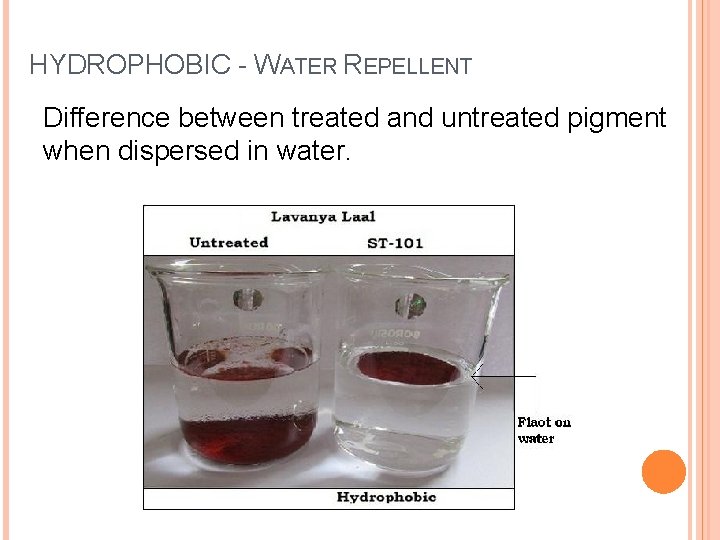 HYDROPHOBIC - WATER REPELLENT Difference between treated and untreated pigment when dispersed in water.