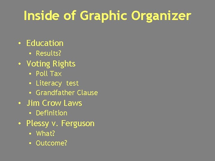 Inside of Graphic Organizer • Education • Results? • Voting Rights • Poll Tax