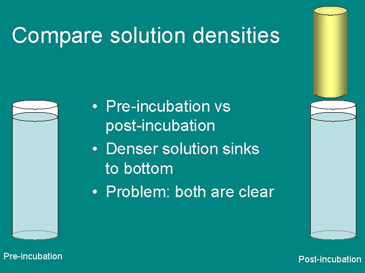 Compare solution densities • Pre-incubation vs post-incubation • Denser solution sinks to bottom •