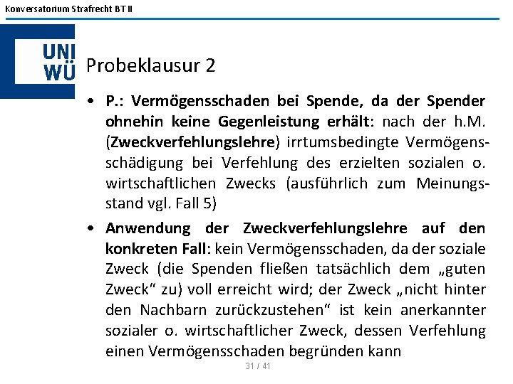 Konversatorium Strafrecht BT II Probeklausur 2 • P. : Vermögensschaden bei Spende, da der