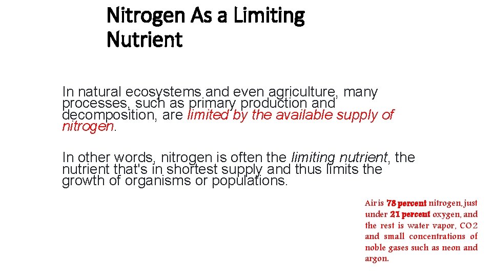 Nitrogen As a Limiting Nutrient In natural ecosystems and even agriculture, many processes, such