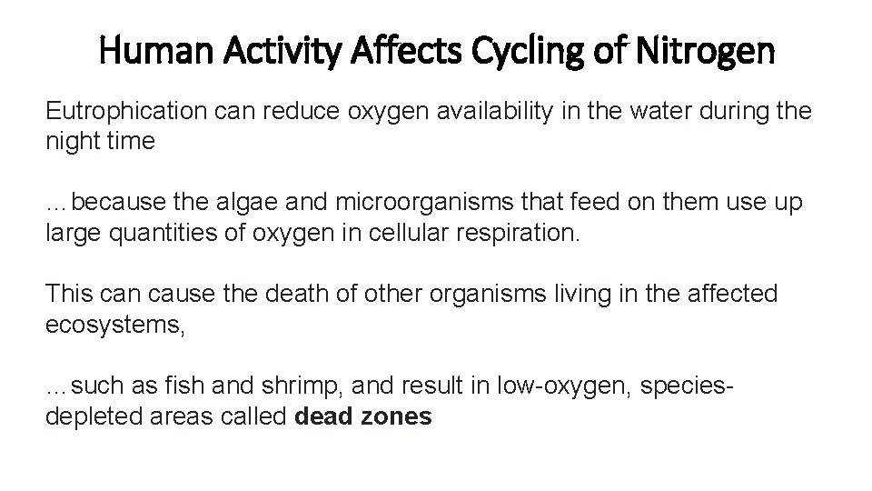 Human Activity Affects Cycling of Nitrogen Eutrophication can reduce oxygen availability in the water