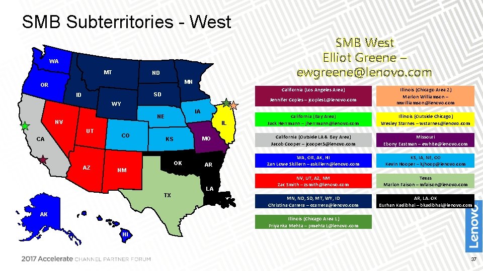 SMB Subterritories - West SMB West Elliot Greene – ewgreene@lenovo. com WA MT ND