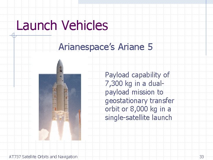 Launch Vehicles Arianespace’s Ariane 5 Payload capability of 7, 300 kg in a dualpayload
