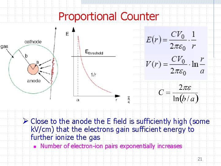 Proportional Counter Ø Close to the anode the E field is sufficiently high (some