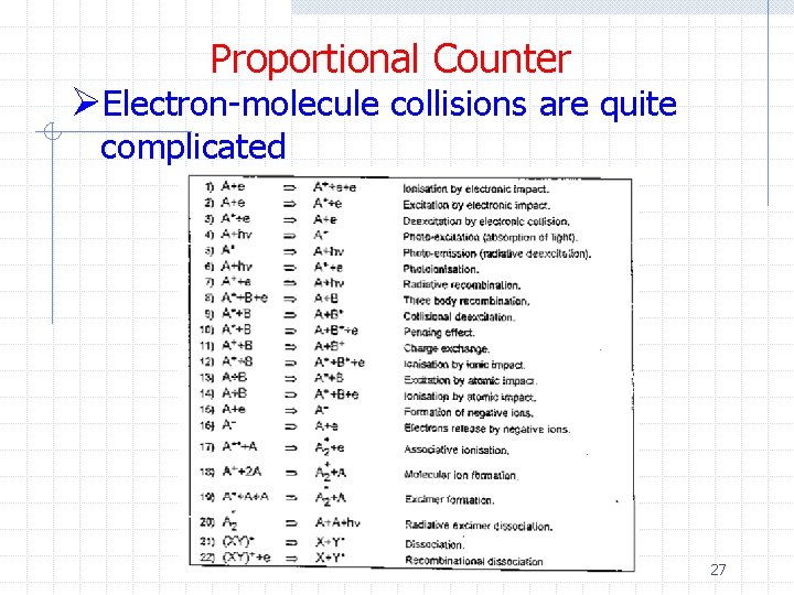 Proportional Counter ØElectron-molecule collisions are quite complicated 27 