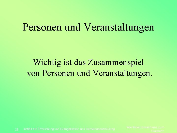 Personen und Veranstaltungen Wichtig ist das Zusammenspiel von Personen und Veranstaltungen. 28 Institut zur