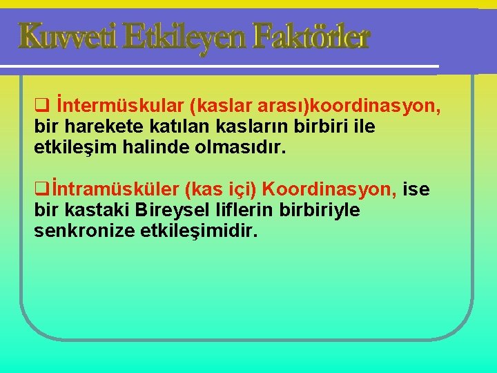 q İntermüskular (kaslar arası)koordinasyon, bir harekete katılan kasların birbiri ile etkileşim halinde olmasıdır. qİntramüsküler