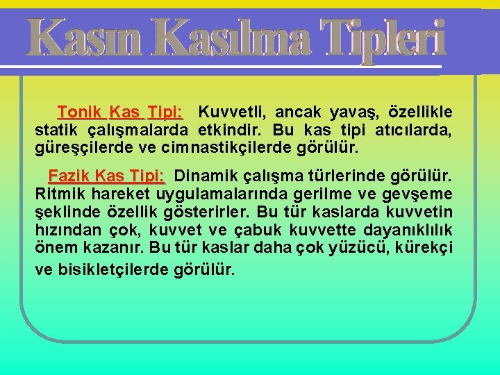 Tonik Kas Tipi: Kuvvetli, ancak yavaş, özellikle statik çalışmalarda etkindir. Bu kas tipi atıcılarda,