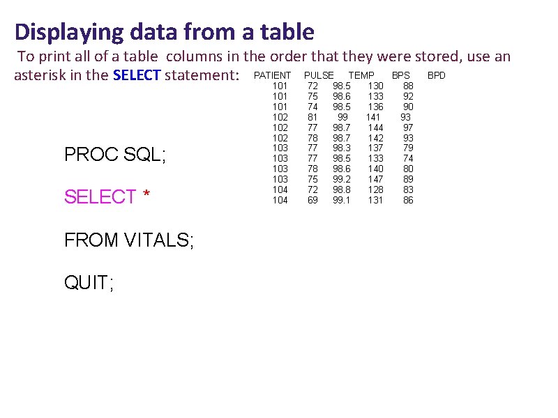 Displaying data from a table To print all of a table columns in the
