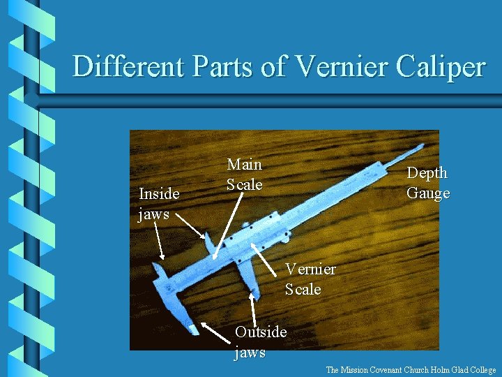Different Parts of Vernier Caliper Inside jaws Main Scale Depth Gauge Vernier Scale Outside