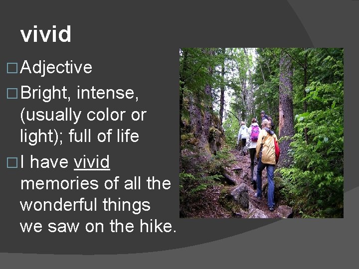 vivid � Adjective � Bright, intense, (usually color or light); full of life �