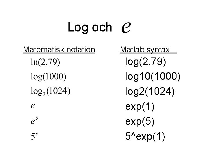 Log och Matematisk notation Matlab syntax log(2. 79) log 10(1000) log 2(1024) exp(1) exp(5)