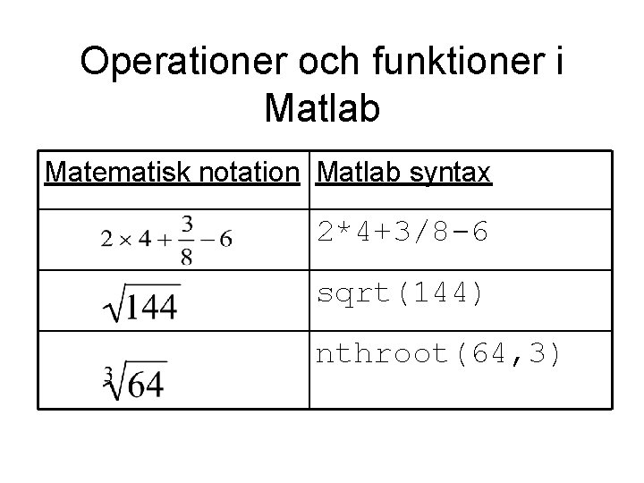 Operationer och funktioner i Matlab Matematisk notation Matlab syntax 2*4+3/8 -6 sqrt(144) nthroot(64, 3)