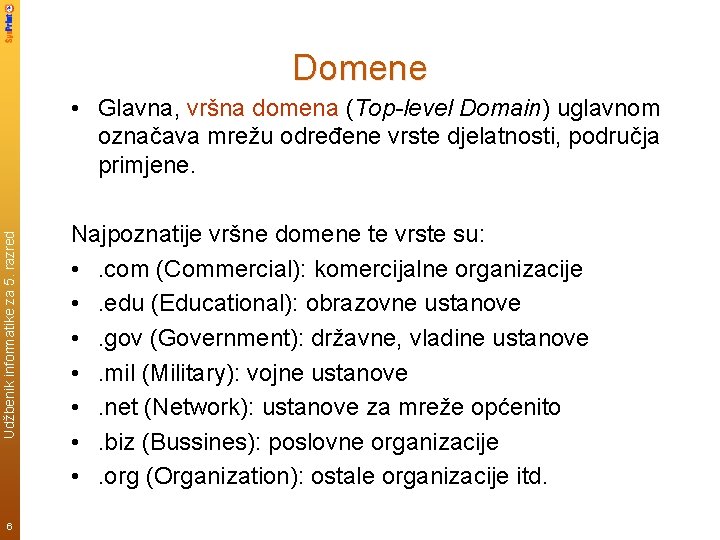 Domene Udžbenik informatike za 5. razred • Glavna, vršna domena (Top-level Domain) uglavnom označava