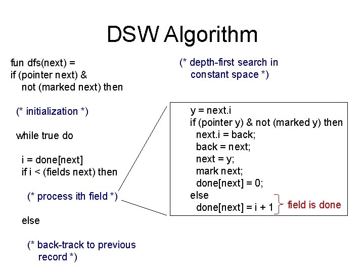 DSW Algorithm fun dfs(next) = if (pointer next) & not (marked next) then (*