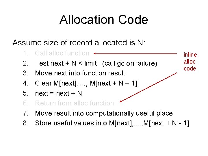 Allocation Code Assume size of record allocated is N: 1. 2. 3. 4. 5.