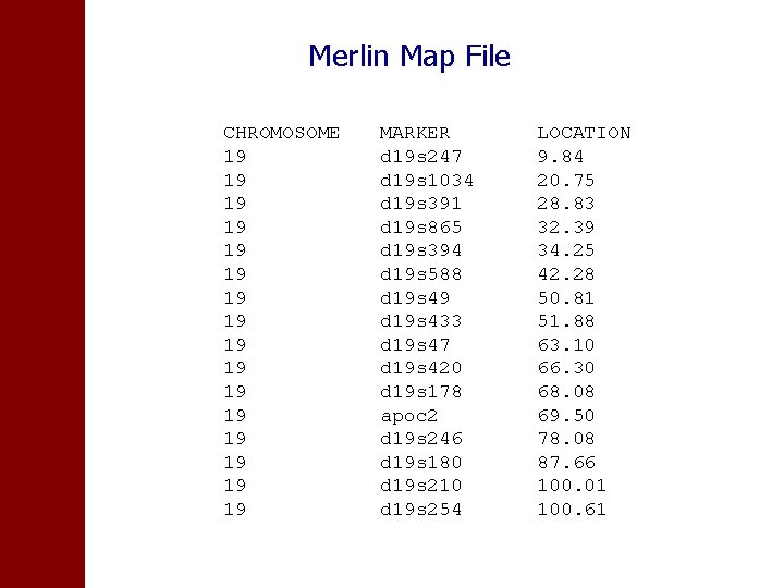 Merlin Map File CHROMOSOME 19 19 19 19 MARKER d 19 s 247 d