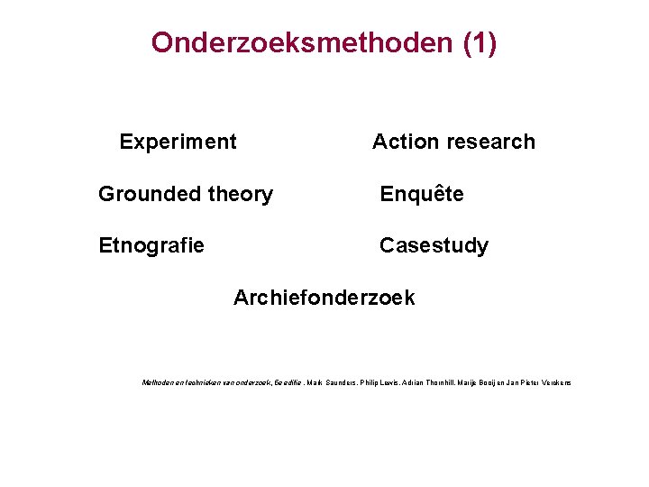 Onderzoeksmethoden (1) Experiment Action research Grounded theory Enquête Etnografie Casestudy Archiefonderzoek Methoden en technieken