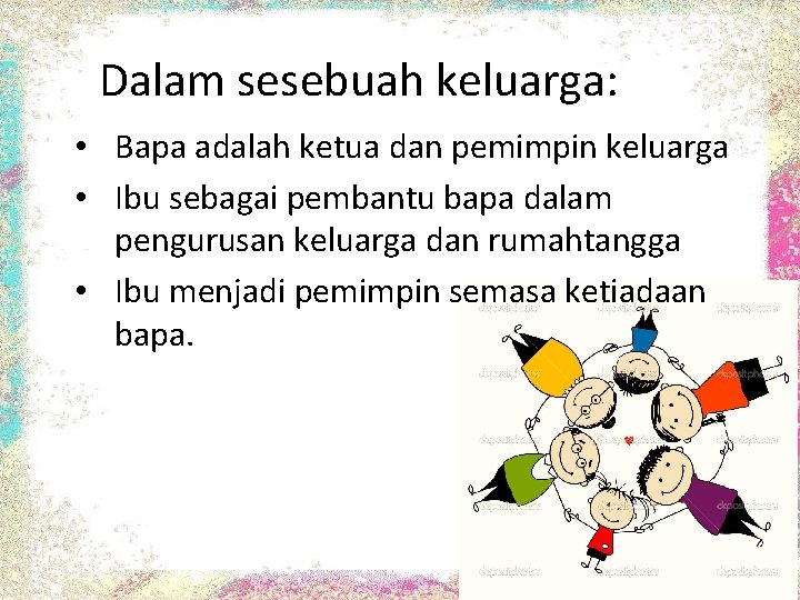 Dalam sesebuah keluarga: • Bapa adalah ketua dan pemimpin keluarga • Ibu sebagai pembantu