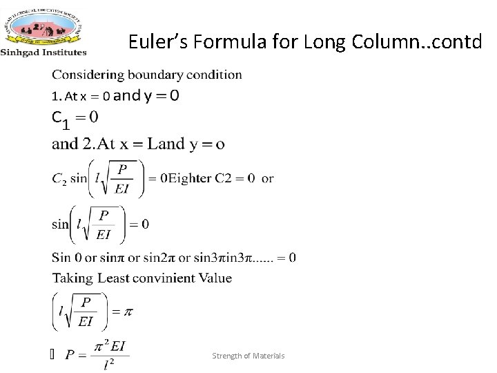 Euler’s Formula for Long Column. . contd Strength of Materials 