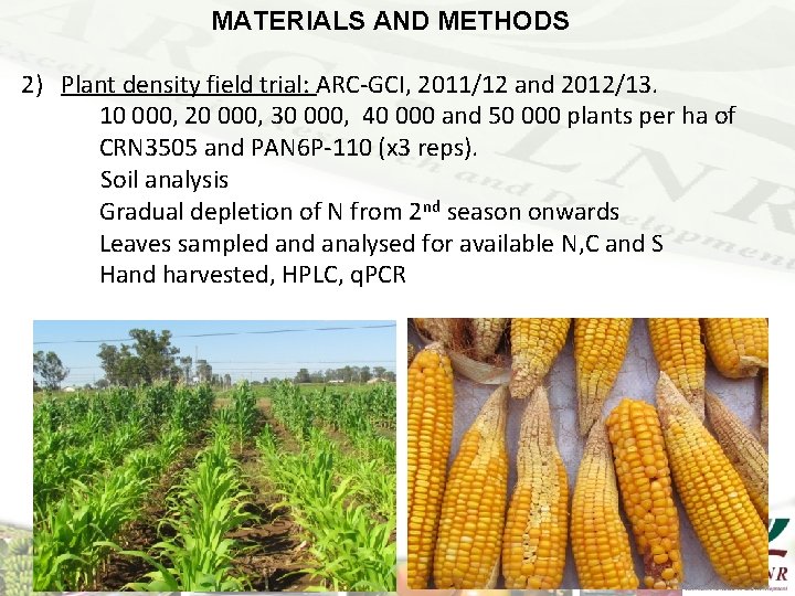 MATERIALS AND METHODS 2) Plant density field trial: ARC-GCI, 2011/12 and 2012/13. 10 000,