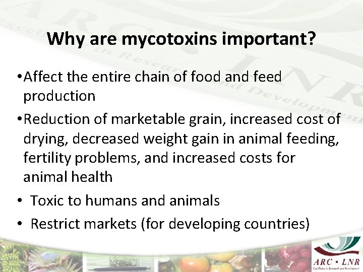 Why are mycotoxins important? • Affect the entire chain of food and feed production