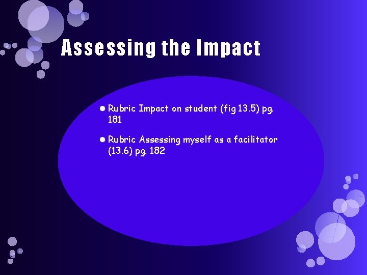 Assessing the Impact Rubric Impact on student (fig 13. 5) pg. 181 Rubric Assessing