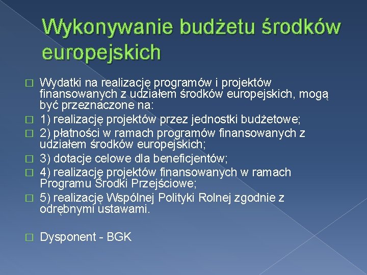 Wykonywanie budżetu środków europejskich � � � � Wydatki na realizację programów i projektów