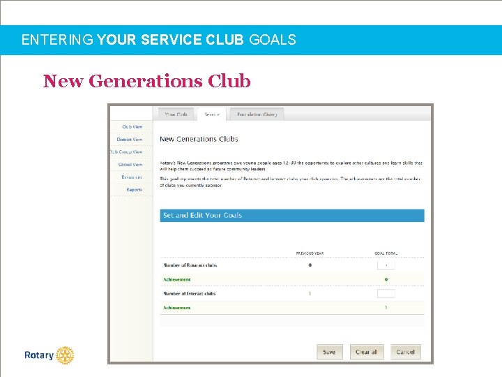 ENTERING YOUR SERVICE CLUB GOALS New Generations Club 