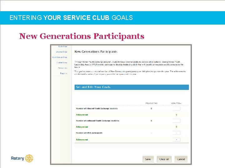 ENTERING YOUR SERVICE CLUB GOALS New Generations Participants 