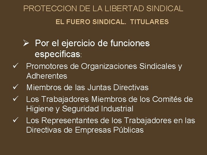 PROTECCION DE LA LIBERTAD SINDICAL EL FUERO SINDICAL. TITULARES Ø Por el ejercicio de