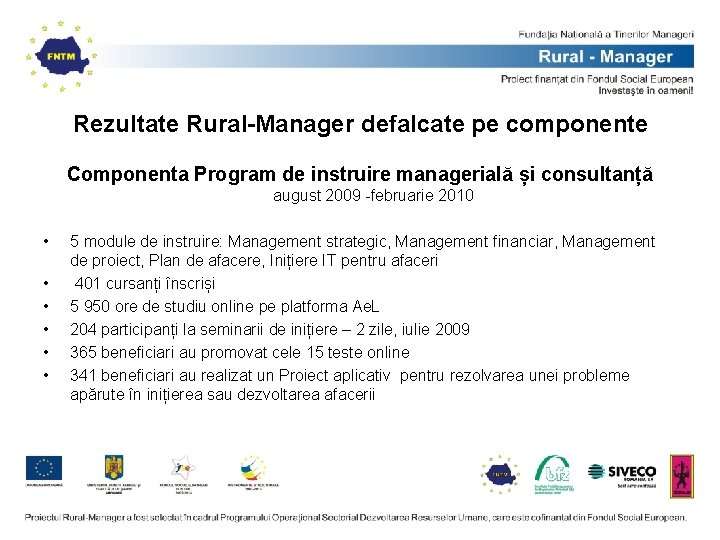 Rezultate Rural-Manager defalcate pe componente Componenta Program de instruire managerială și consultanță august 2009 Rezultate Rural-Manager defalcate pe componente Componenta Program de instruire managerială și consultanță august 2009