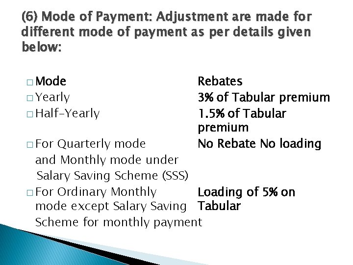 (6) Mode of Payment: Adjustment are made for different mode of payment as per