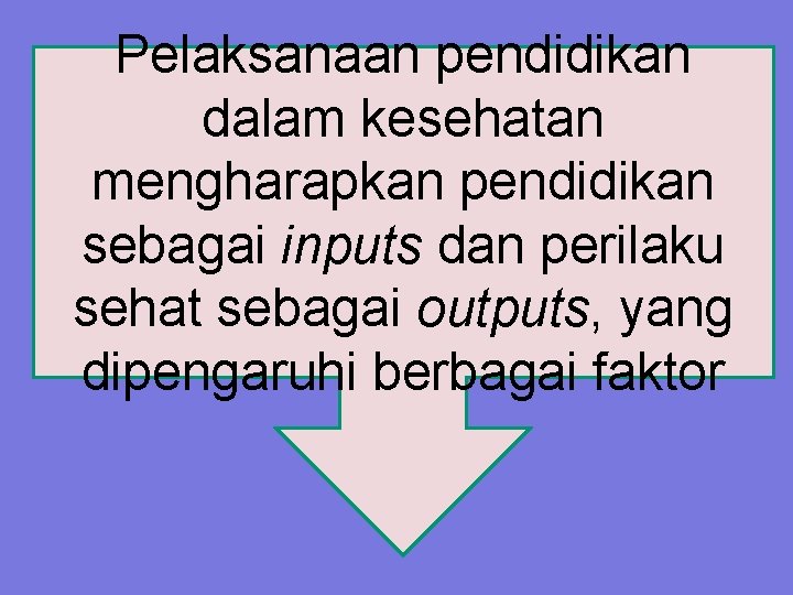 Pelaksanaan pendidikan dalam kesehatan mengharapkan pendidikan sebagai inputs dan perilaku sehat sebagai outputs, yang