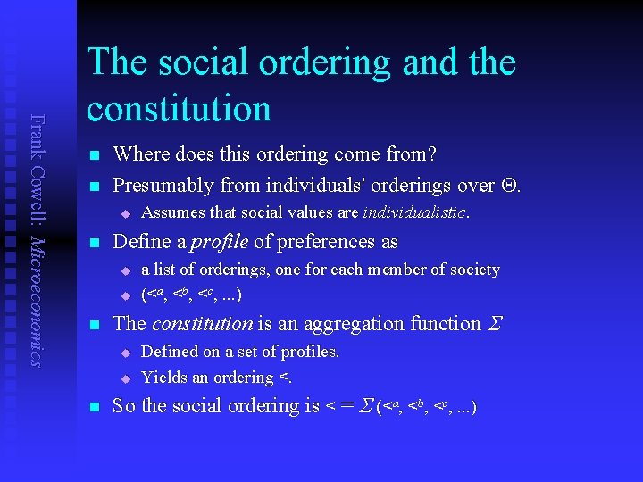 Frank Cowell: Microeconomics The social ordering and the constitution n n Where does this