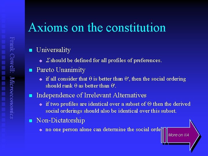 Axioms on the constitution Frank Cowell: Microeconomics n Universality u n Pareto Unanimity u